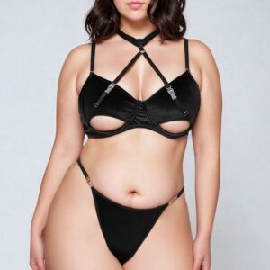Hollow Cut Halter Bra Set Black (Plus Size)