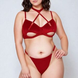 Hollow Cut Halter Bra Set Red (Plus Size)